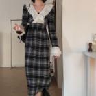 Long-sleeve Lace Trim Plaid Midi Dress
