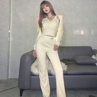 Long-sleeve Crop Top / Applique Crop Tank Top / Front-slit Boot-cut Pants / Set