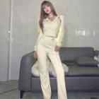Long-sleeve Crop Top / Applique Crop Tank Top / Front-slit Boot-cut Pants / Set