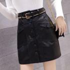 Faux Leather Buttoned A-line Skirt With Belt