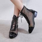 Genuine Leather Fishnet Low Heel Short Boots