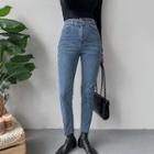 Asymmetric-button Slim-fit Jeans