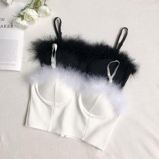 Spaghetti Strap Faux Fur Trim Top