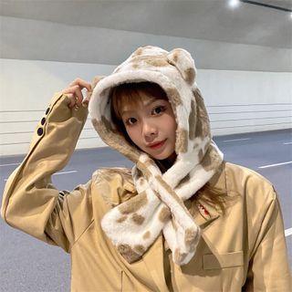 Bear Ear Milk Cow Print Hooded Scarf