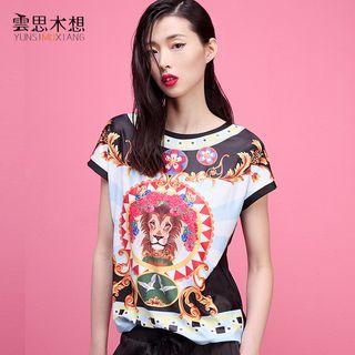 Lion Print Short-sleeve Crewneck T-shirt