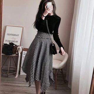 Set: Mock Neck Long Sleeve Knit Top + Asymmetric Houndstooth A-line Skirt