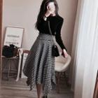 Set: Mock Neck Long Sleeve Knit Top + Asymmetric Houndstooth A-line Skirt