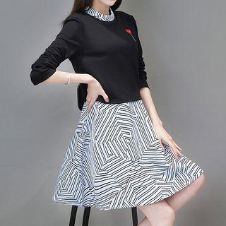 Heart Embroidered Striped Panel Long Sleeve Dress
