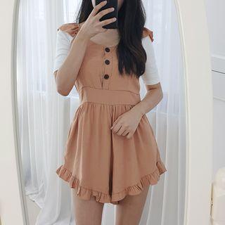 Petite Size Sleeveless Frill-trim Flared Playsuit