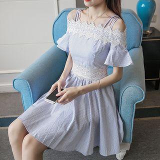 Lace Trim Striped Off-shoulder Short-sleeve A-line Dress