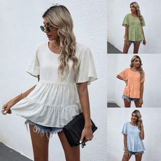 Short-sleeve Plain Ruffle Trim Ruched T-shirt