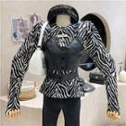 Set : Puff-sleeve Zebra T-shirt + Faux Leather Suspender Vest Black & White - One Size
