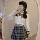 Bow Accent Crop Shirt / Plaid Mini Pleated Skirt / Set
