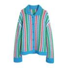 Striped Polo Pointelle Knit Cardigan