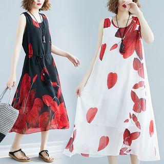 Leaf Print Midi Chiffon Tank Dress