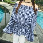Plaid Off-shoulder Bell-sleeve Blouse
