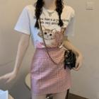 Short-sleeve Dog Print T-shirt / Denim Mini Pencil Skirt (various Designs)