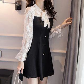 Lace Panel Tie-neck Long-sleeve A-line Mini Dress