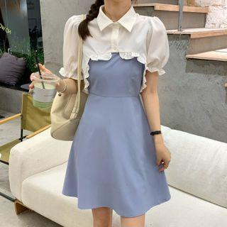 Puff-sleeve Ruffle Hem Crop Shirt / Spaghetti Strap Mini A-line Dress
