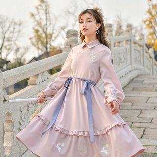 Tie-waist Rabbit Embroidered Midi A-line Dress