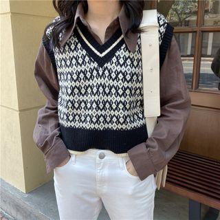 Contrast-trim Jacquard Knit Vest As Shown In Figure - One Size