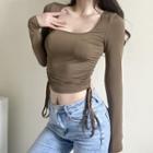 Square-neck Long-sleeve Drawstring Top