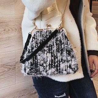 Fringed Tweed Kiss Lock Crossbody Bag Black - One Size