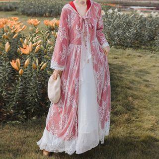 Hooded Long-sleeve Lace Jacket / Spaghetti Strap A-line Mesh Dress