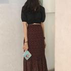 V-neck Puff-sleeve Crop Top / Flower Print Midi Skirt