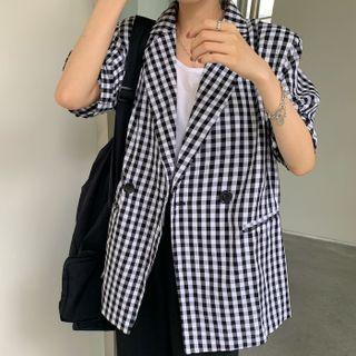 Short-sleeve Plaid Blazer Black & White - One Size