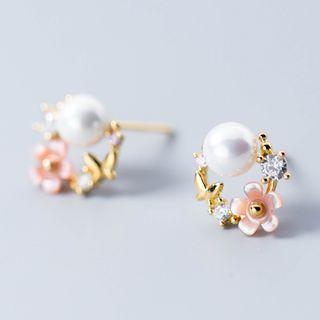 925 Sterling Silver Rhinestone Flower Mini Hoop Earring