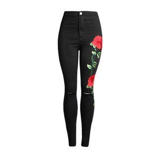 Flower Embroidered Distressed Cropped Skinny Jeans