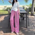 Elbow-sleeve Letter Embroidered T-shirt / Wide Leg Pants