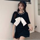Elbow-sleeve Bow-front Mini T-shirt Dress