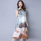 Sleeveless Printed Midi Qipao Dress