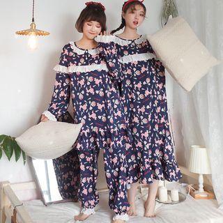 Long-sleeve Print Midi Night Dress/ Set: Long-sleeve Top + Pants