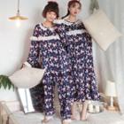 Long-sleeve Print Midi Night Dress/ Set: Long-sleeve Top + Pants