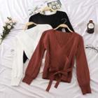 Balloon-sleeve V-neck Tie-front Sweater