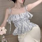 Floral Ruffle Camisole Top White & Blue - One Size