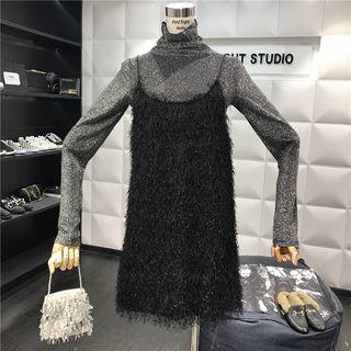 Set: Turtleneck Long-sleeve Top + Strappy Furry A-line Dress