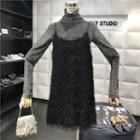 Set: Turtleneck Long-sleeve Top + Strappy Furry A-line Dress