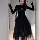 Long-sleeve Patterned Knit Top / Mesh A-line Skirt
