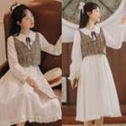 Set: Long-sleeve Frill Trim Tie-neck Midi A-line Dress + Plaid Vest