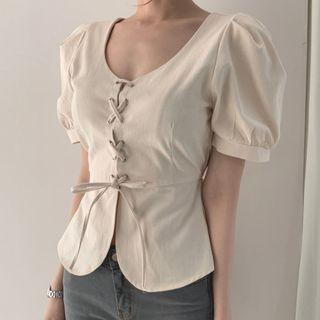 Puff Short-sleeve Lace Up Top