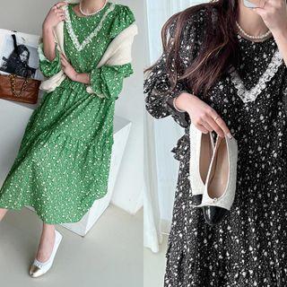Lace-trim Frilled Floral Long Tiered Dress