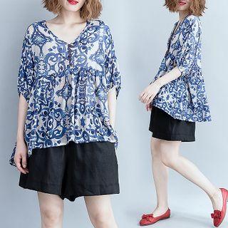 Elbow-sleeve Patterned Top As Shown In Figure - One Size