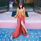 Set: Tie-front Wide-sleeve Cropped Top + Slit Wide-leg Pants