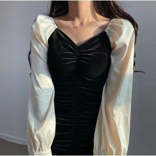 Two-tone Panel Shirred Mini Bodycon Dress Black - One Size