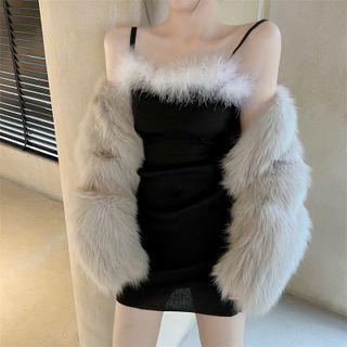 Furry-trim Spaghetti Strap Mini Sheath Dress