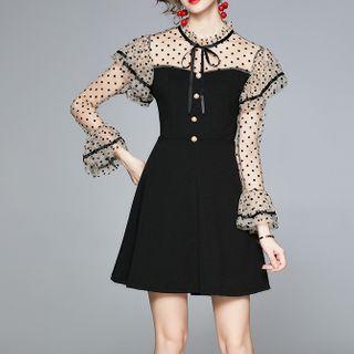 Dotted Mesh Panel Ruffle Trim Mini A-line Dress